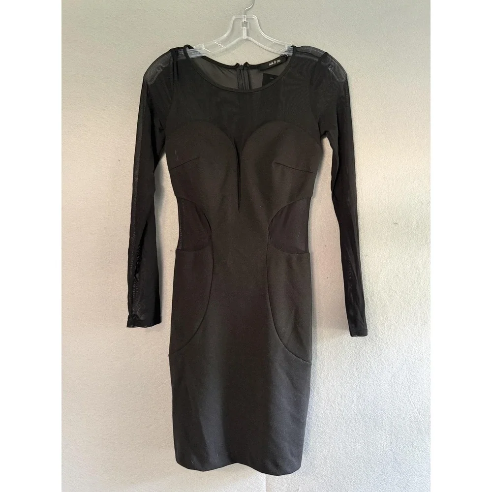 Ark & Co Dress Womens S Black Mesh Sheer Long Sleeve Bodycon Mini Party Cocktail